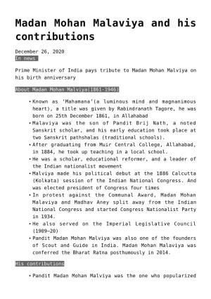 Madan Mohan Malaviya and His Contributions