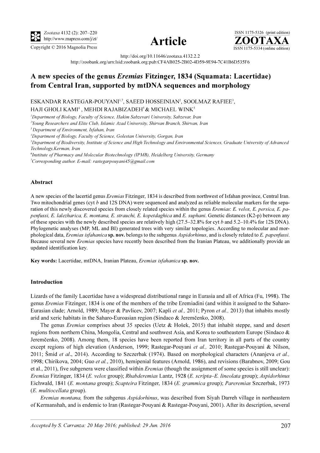 A New Species of the Genus Eremias Fitzinger, 1834 (Squamata: Lacertidae) from Central Iran, Supported by Mtdna Sequences and Morphology