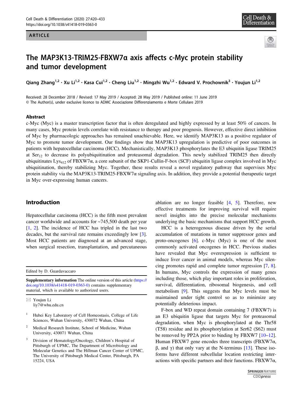 The MAP3K13-TRIM25-Fbxw7α Axis Affects C-Myc Protein Stability and Tumor Development