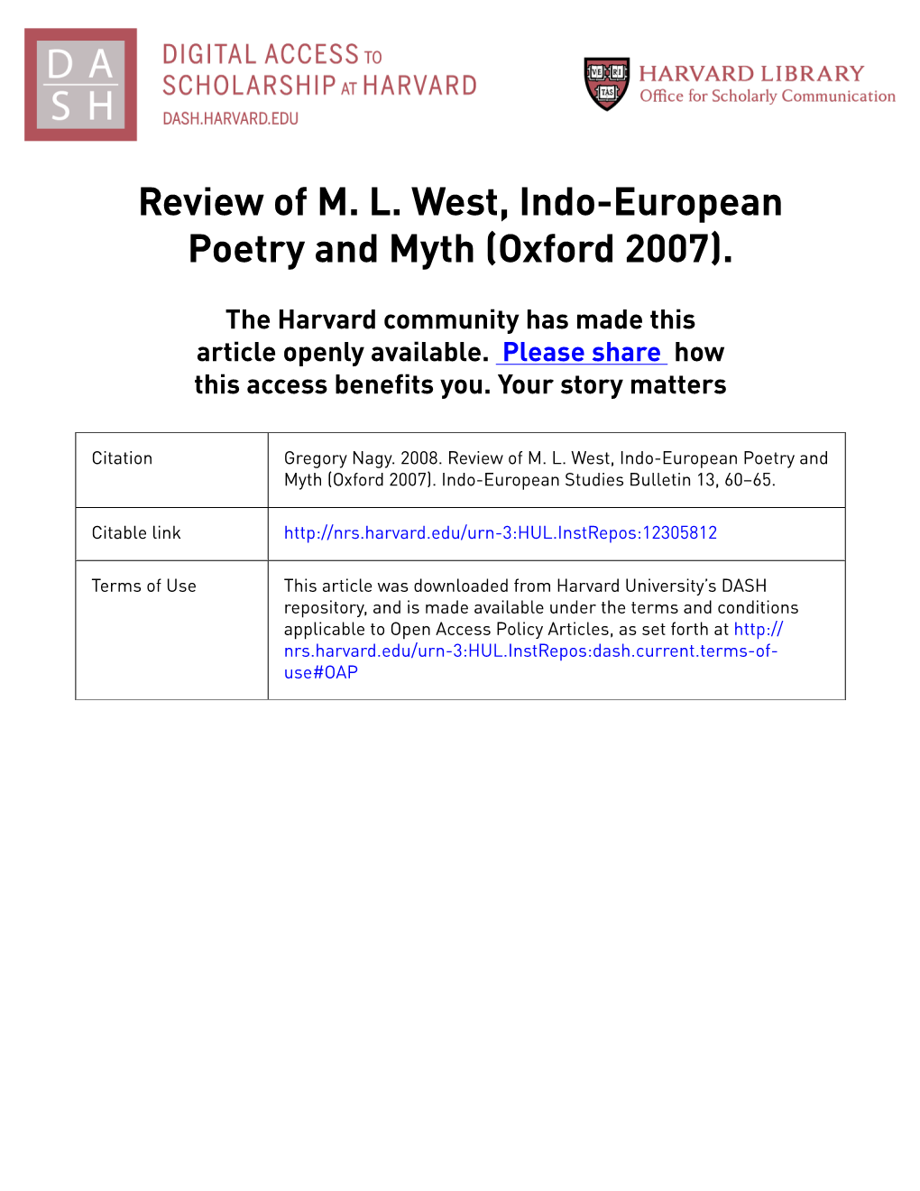 Review of ML West, Indo-European Poetry and Myth