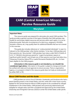 CAM (Central American Minors) Parolee Resource Guide Maryland