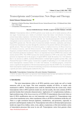 Transcriptome and Coronavirus: New Hope and Therapy