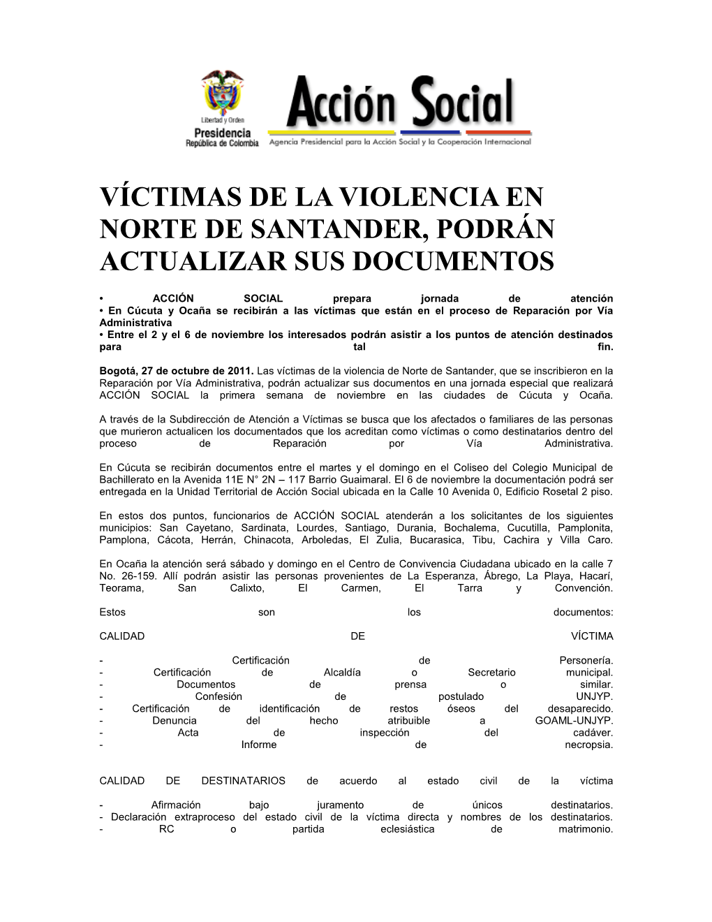 Víctimas De La Violencia En Norte De Santander, Podrán Actualizar Sus Documentos