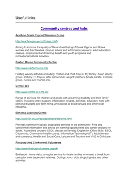 Useful Links Community Centres and Hubs