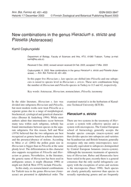 New Combinations in the Genus Hieracium S. Stricto and Pilosella (Asteraceae)