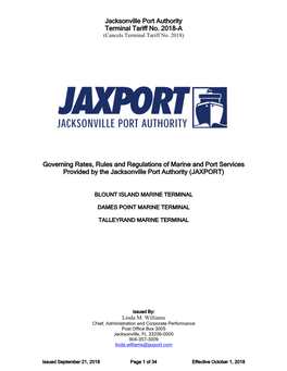 Jacksonville Port Authority Terminal Tariff No. 2018-A Governing Rates