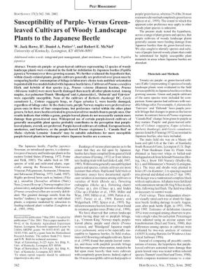 Leaved Cultivars of Woody Landscape Plants to the Japanese Beetle