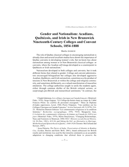 Gender and Nationalism: Acadians, Québécois, and Irish in New Brunswick Nineteenth-Century Colleges and Convent Schools, 1854-1888