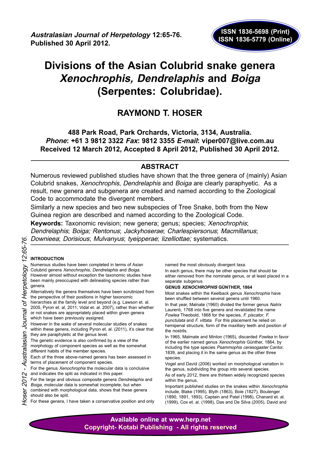 Divisions of the Asian Colubrid Snake Genera Xenochrophis, Dendrelaphis and Boiga (Serpentes: Colubridae)