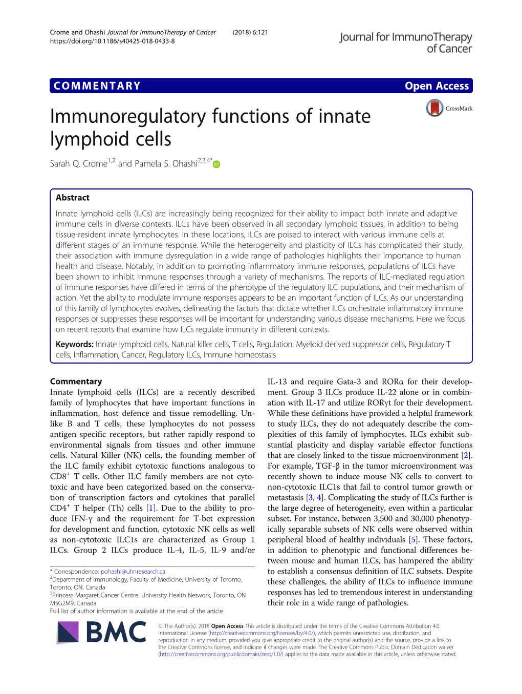 Immunoregulatory Functions of Innate Lymphoid Cells Sarah Q
