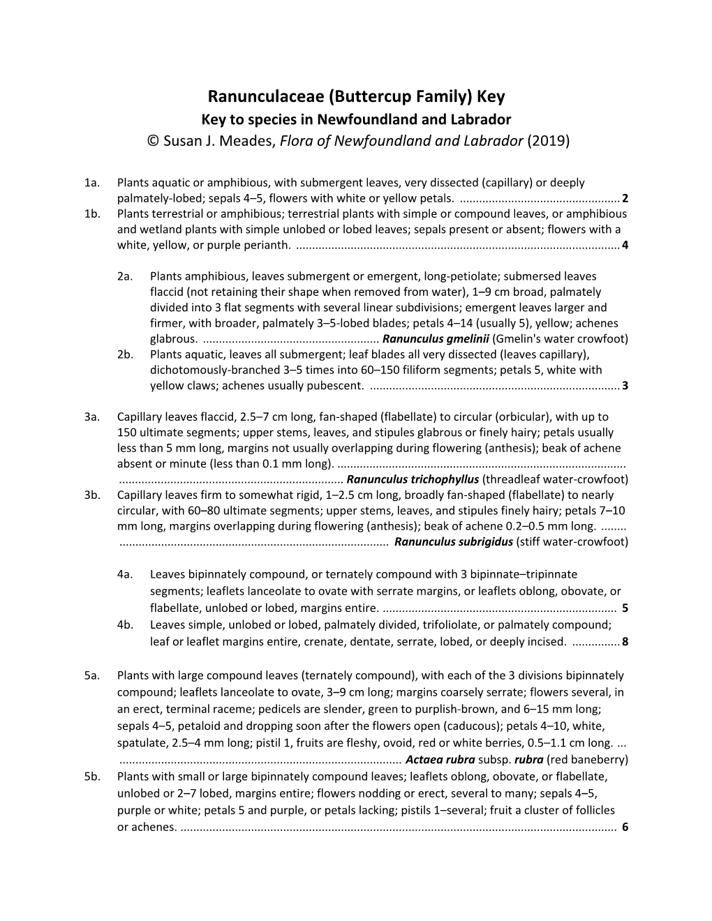 Ranunculaceae (Buttercup Family) Key Key to Species in Newfoundland and Labrador © Susan J