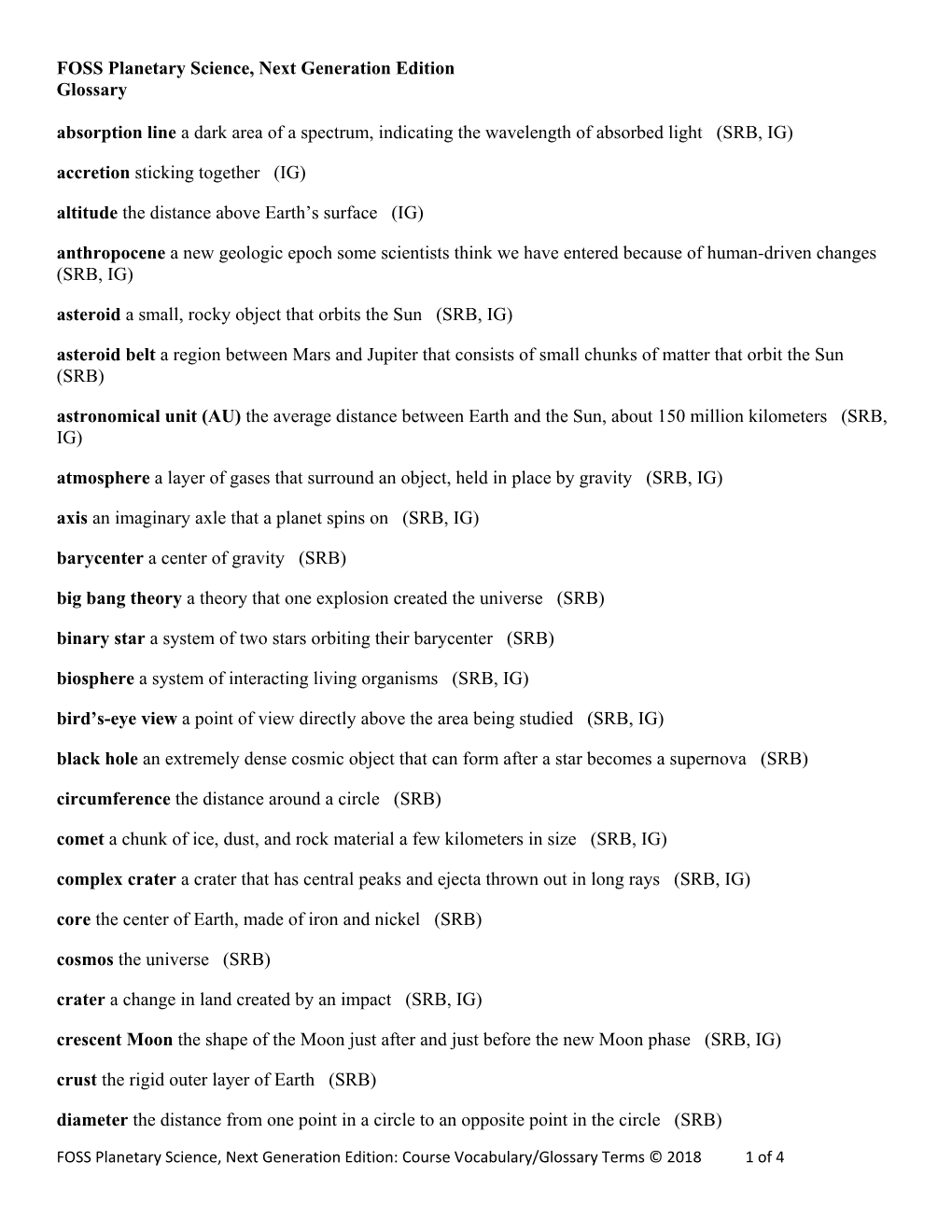 FOSS Planetary Science, Next Generation Edition Glossary