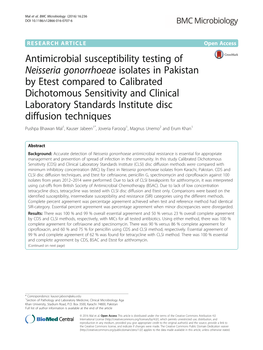 Antimicrobial Susceptibility Testing of Neisseria Gonorrhoeae Isolates In