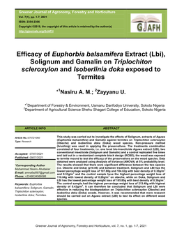 Efficacy of Euphorbia Balsamifera Extract (Lbi), Solignum and Gamalin on Triplochiton Scleroxylon and Isoberlinia Doka Exposed to Termites