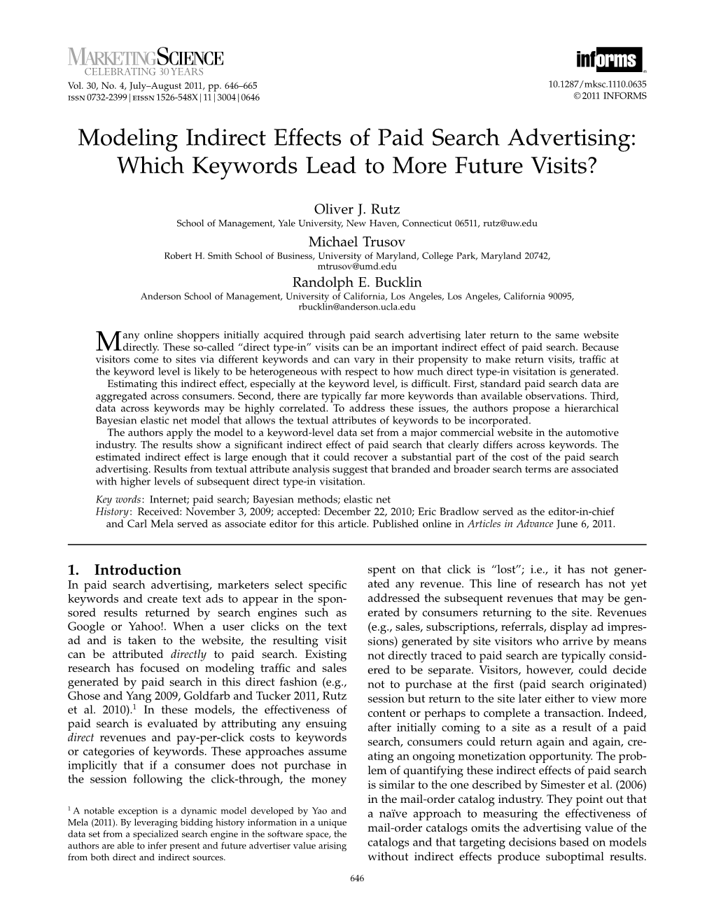 Modeling Indirect Effects of Paid Search Advertising: Which Keywords Lead to More Future Visits?