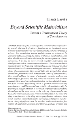 Beyond Scientific Materialism Toward a Transcendent Theory of Consciousness
