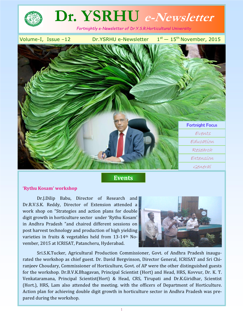 Dr. YSRHU E-Newsletter Fortnightly E-Newsletter of Dr.Y.S.R.Horticultural University