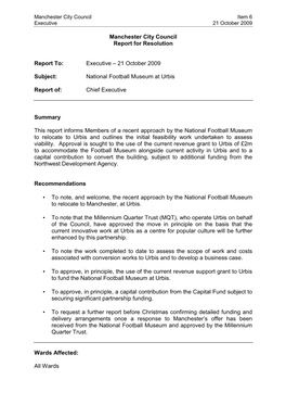 Report on National Football Museum at Urbis to Executive on 21 October