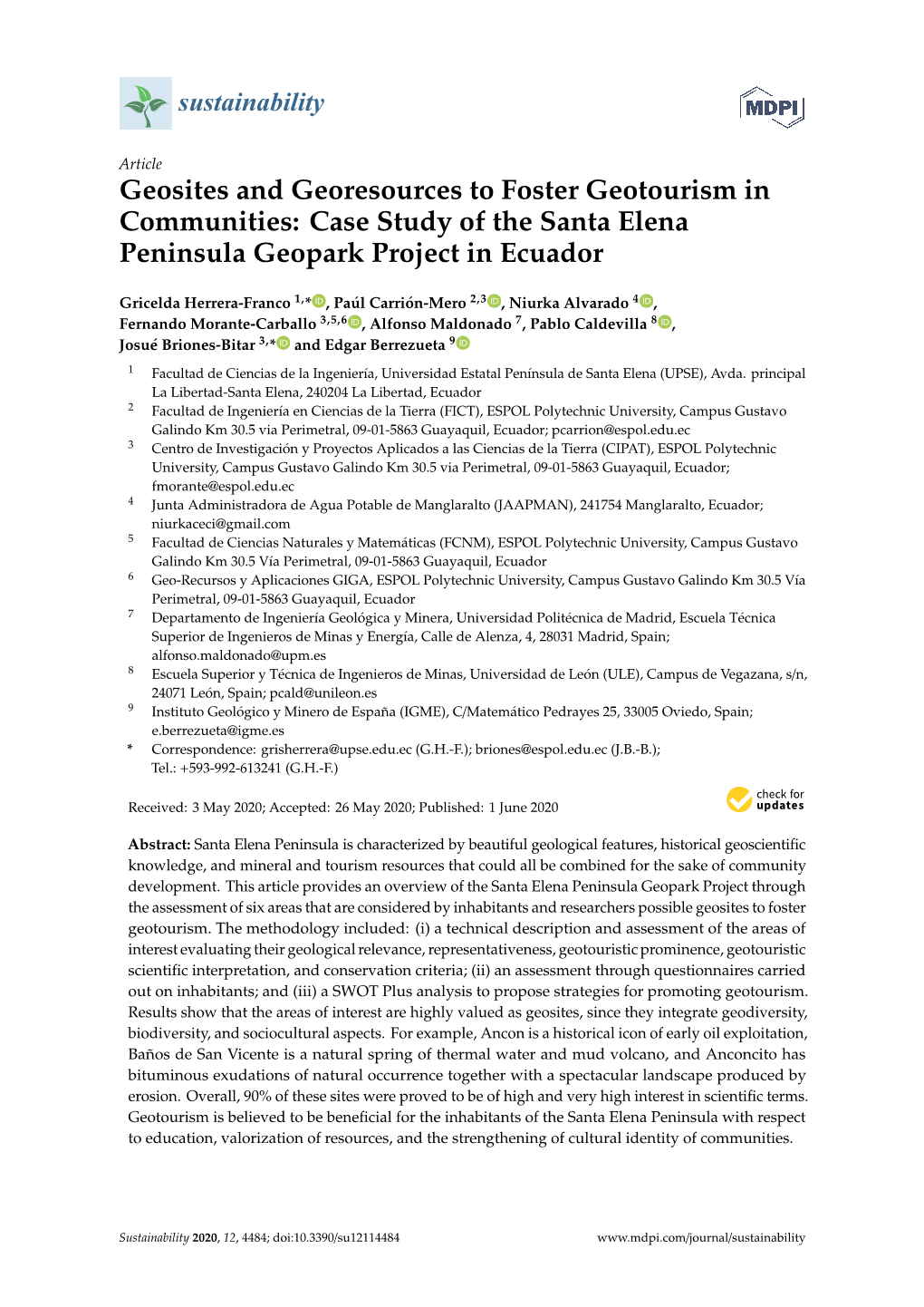 Geosites and Georesources to Foster Geotourism in Communities: Case Study of the Santa Elena Peninsula Geopark Project in Ecuador