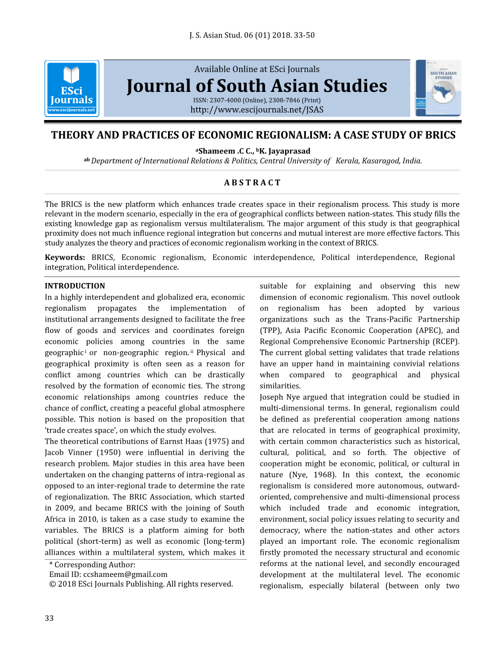 THEORY and PRACTICES of ECONOMIC REGIONALISM: a CASE STUDY of BRICS Ashameem .C C., Bk