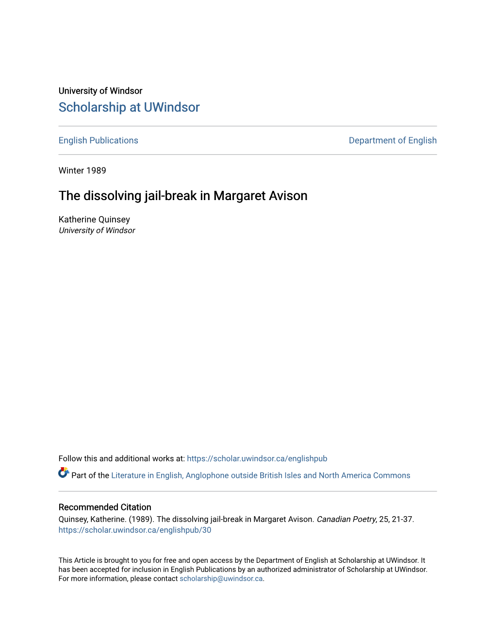 The Dissolving Jail-Break in Margaret Avison