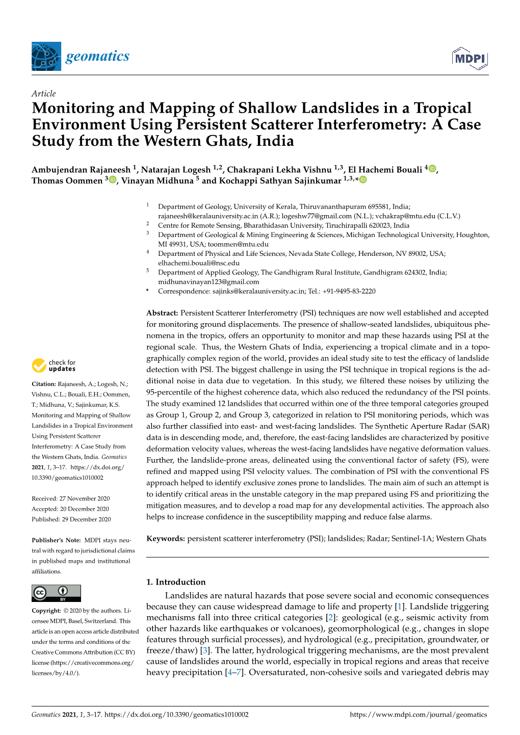 Monitoring and Mapping of Shallow Landslides in a Tropical Environment Using Persistent Scatterer Interferometry: a Case Study from the Western Ghats, India