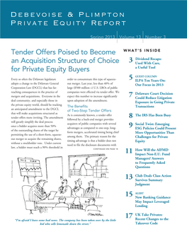 Tender Offers Poised to Become an Acquisition Structure of Choice for Private Equity Buyers