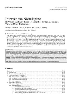 Intravenous Nicardipine Its Use in the Short-Term Treatment of Hypertension and Various Other Indications