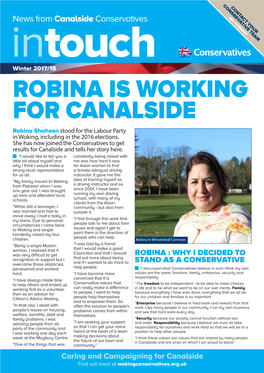 ROBINA IS WORKING for CANALSIDE Robina Shaheen Stood for the Labour Party in Woking, Including in the 2016 Elections