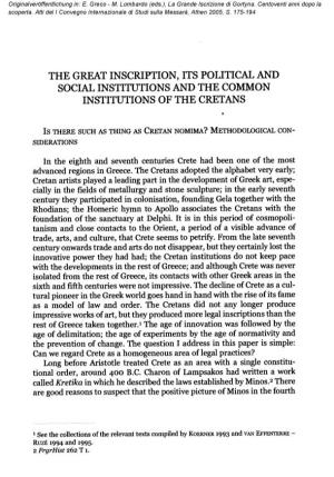 The Great Inscription, Its Political and Social Institutions and the Common Institutions of the Cretans