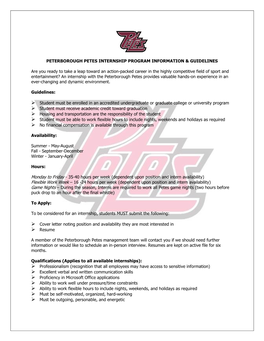 PETERBOROUGH PETES INTERNSHIP PROGRAM INFORMATION & GUIDELINES Are You Ready to Take a Leap Toward an Action-Packed Career I