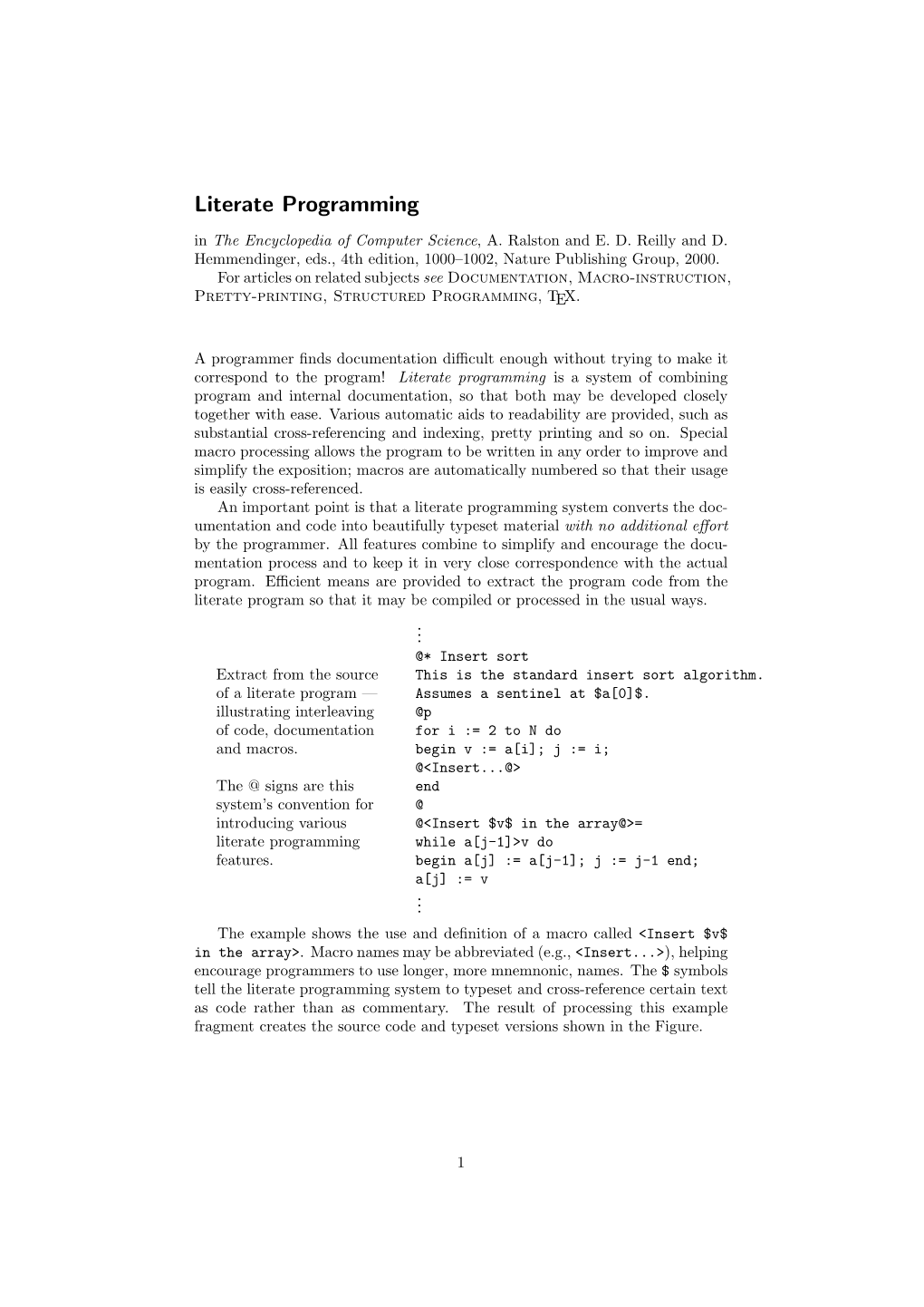 Literate Programming in the Encyclopedia of Computer Science, A