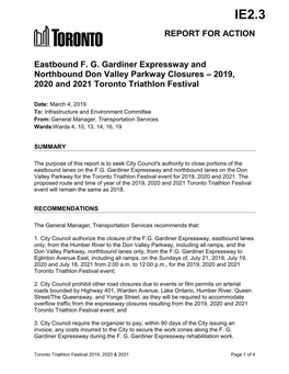 Eastbound F. G. Gardiner Expressway and Northbound Don Valley Parkway Closures – 2019, 2020 and 2021 Toronto Triathlon Festival