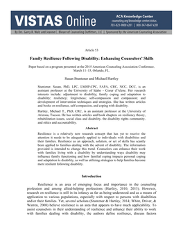 Family Resilience Following Disability: Enhancing Counselors’ Skills