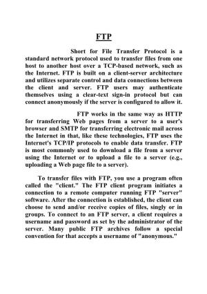 Short for File Transfer Protocol Is a Standard Network Protocol Used to Transfer Files from One Host to Another Host Over a TCP-Based Network, Such As the Internet