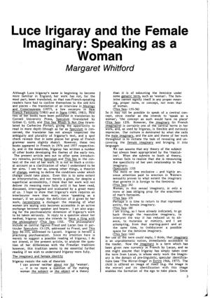 Luce Irigaray and the Female Imaginary: Speaking As a Woman Margaret Whitford