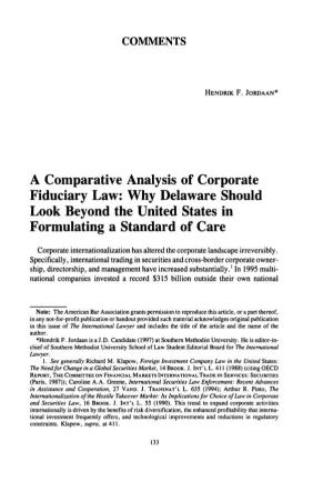 A Comparative Analysis of Corporate Fiduciary Law: Why Delaware Should Look Beyond the United States in Formulating a Standard of Care