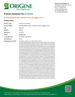 Cxorf20 (BEND2) (NM 153346) Human Untagged Clone Product Data