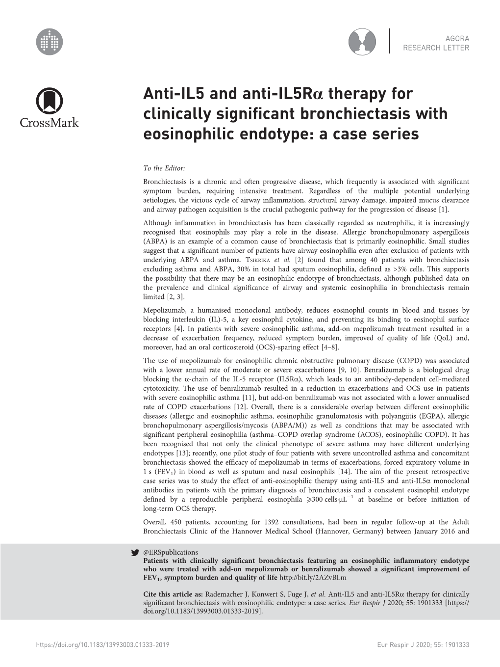 Anti-IL5 and Anti-Il5rα Therapy for Clinically Significant Bronchiectasis with Eosinophilic Endotype: a Case Series