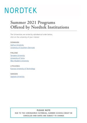 Summer 2021 Programs Offered by Nordtek Institutions