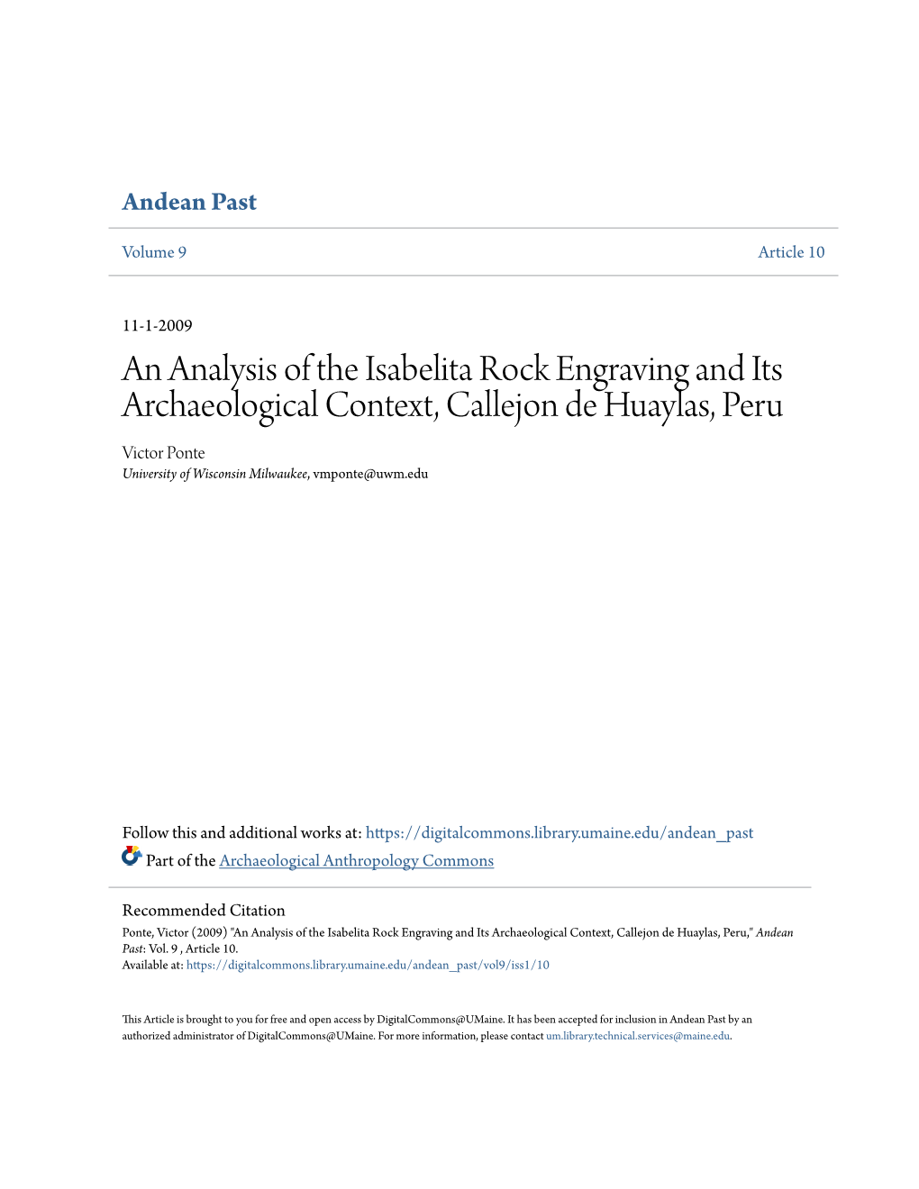 An Analysis of the Isabelita Rock Engraving and Its Archaeological Context, Callejon De Huaylas, Peru Victor Ponte University of Wisconsin Milwaukee, Vmponte@Uwm.Edu