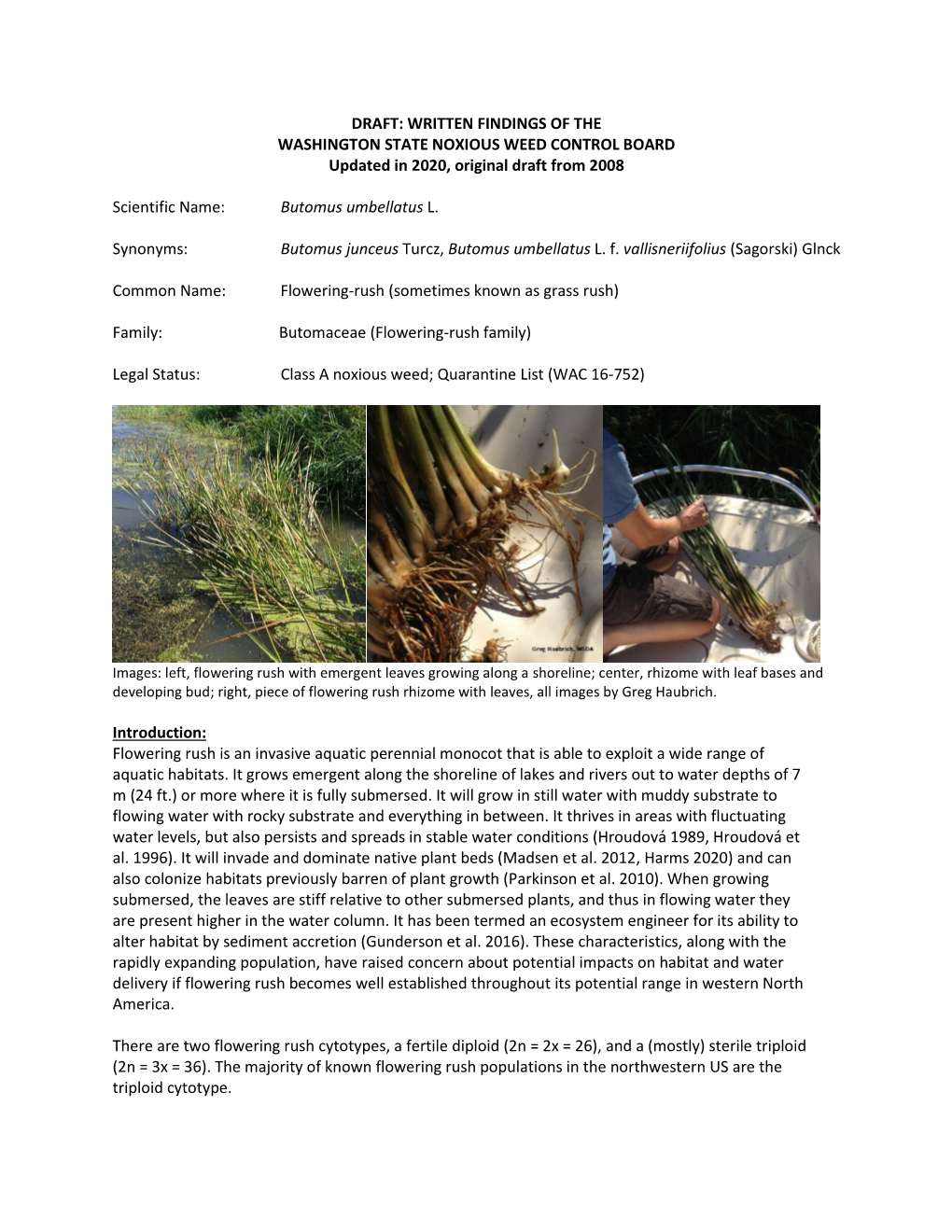 DRAFT: WRITTEN FINDINGS of the WASHINGTON STATE NOXIOUS WEED CONTROL BOARD Updated in 2020, Original Draft from 2008