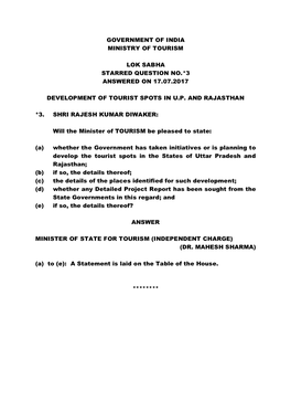 Government of India Ministry of Tourism Lok Sabha