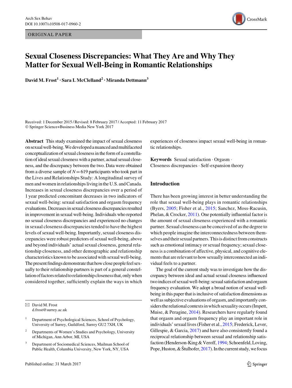 Sexual Closeness Discrepancies: What They Are and Why They Matter for Sexual Well-Being in Romantic Relationships