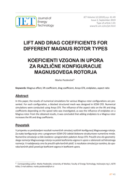 Lift and Drag Coefficients for Different Magnus Rotor Types Koeficienti