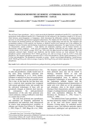 Pedogeochemistry of Hortic Anthrosol from Copou Greenhouse – Iasi (I)