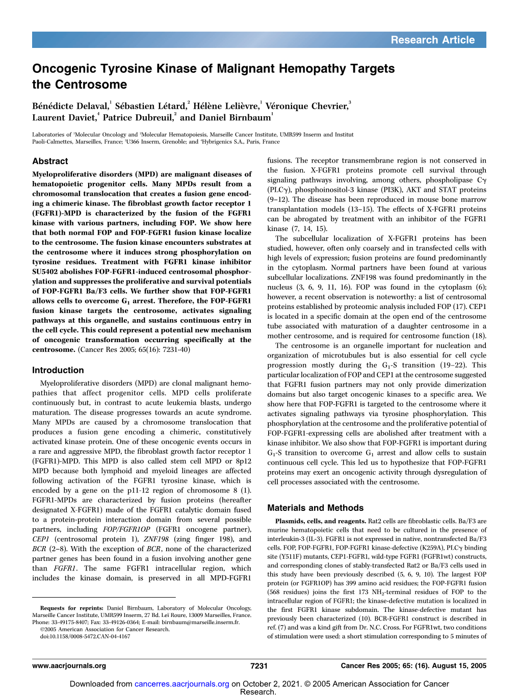 Oncogenic Tyrosine Kinase of Malignant Hemopathy Targets the Centrosome