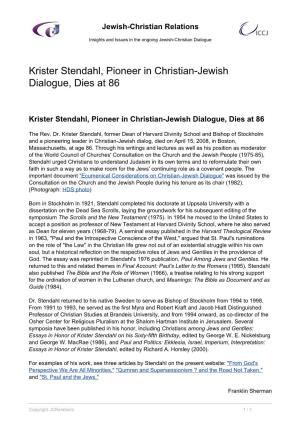 Krister Stendahl, Pioneer in Christian-Jewish Dialogue, Dies at 86