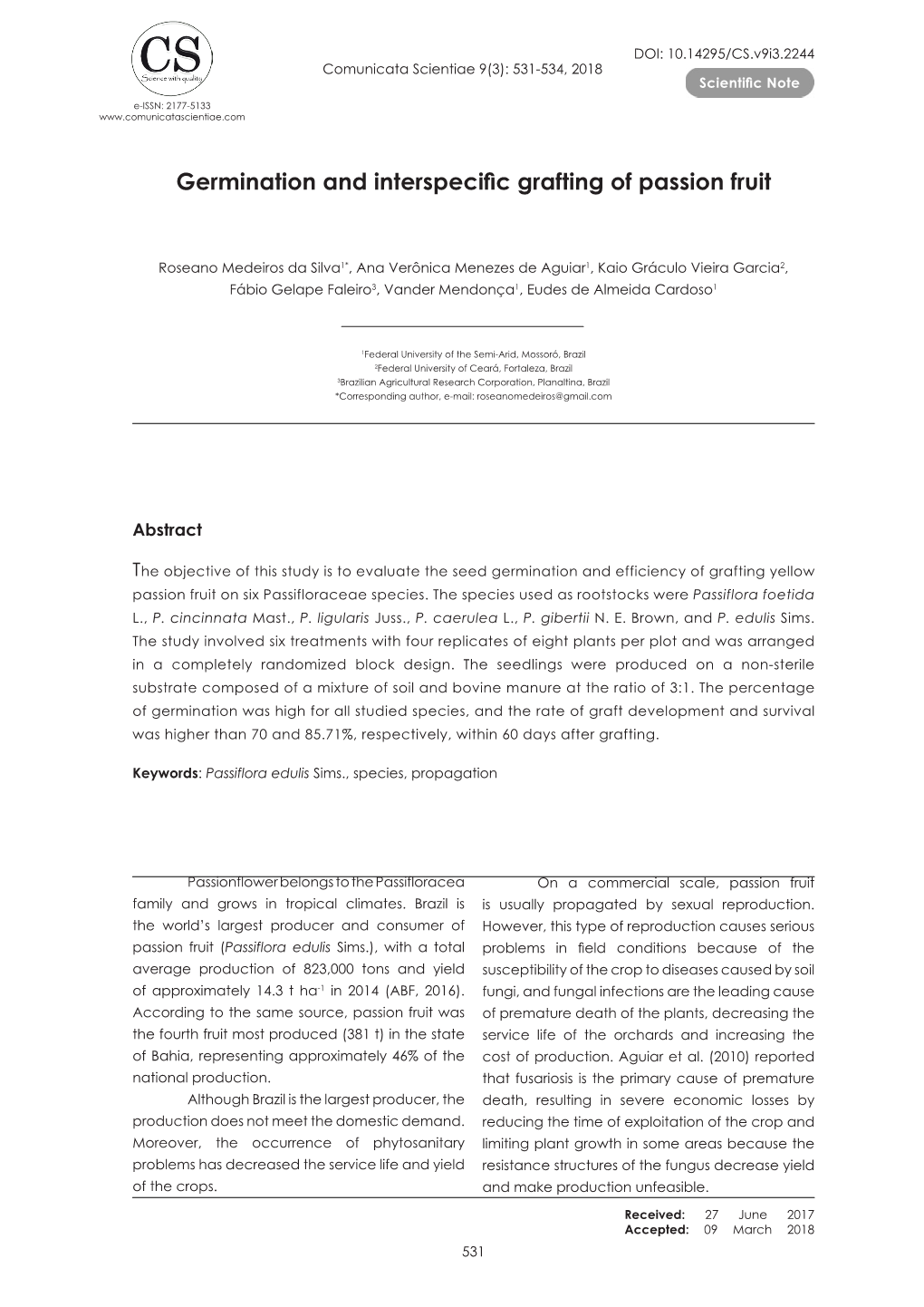 Germination and Interspecific Grafting of Passion Fruit