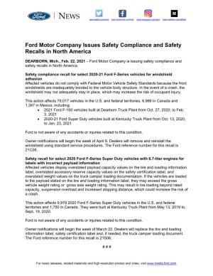 Ford Motor Company Issues Safety Compliance and Safety Recalls in North America